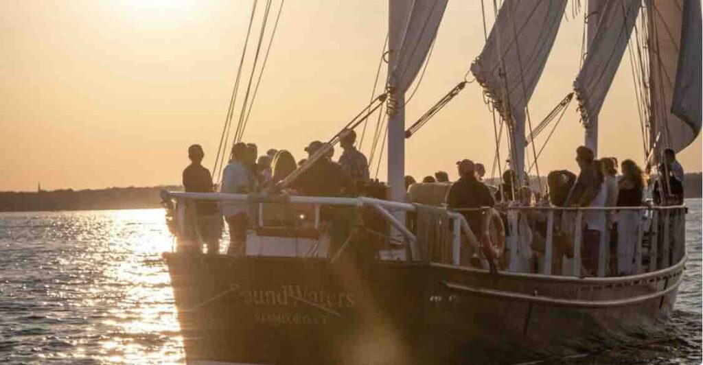 Join us aboard the 80′ Schooner for a Sunset Sail. Bring your dinner and your favorite beverage and relax while watching the sun dip below the horizon. What to Bring Hat Sunglasses Sunblock Sweatshirt Boat shoes, sneakers, comfortable rubber sole shoes Small picnic-style meal or, snacks, beverages (Wine/Beer is allowed, but no hard liquor)