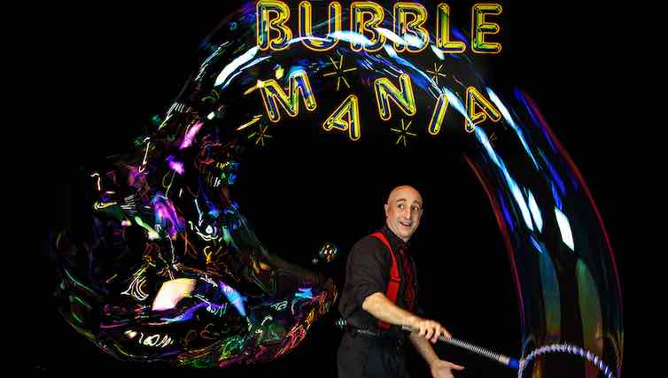 brings his amazing one-man show to the Music Hall combining spontaneous comedy, jazzy music and brilliant bubbling. Among the many featured skills are fantastic fog-filled bubble sculptures, a cube bubble, funky foam, A big band bubble concerto, trapping an audience member (or two?) inside a gigantic soap bubble!